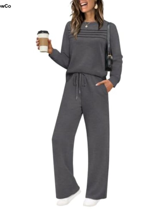 Pants - Women's 2 Piece Sweatsuit Set Crewneck Pleated Top Wide Leg Pants